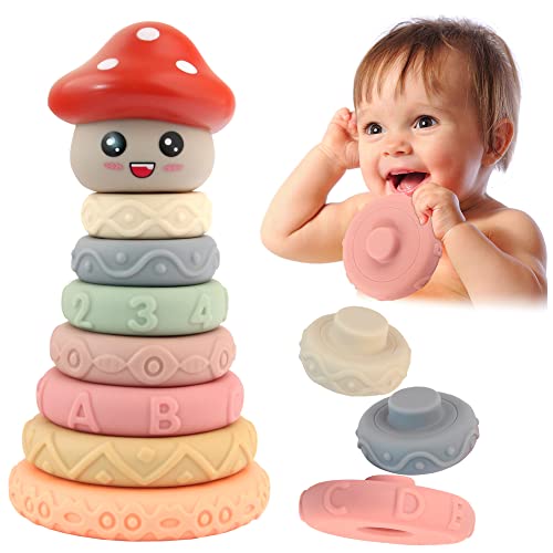 8PCS Montessori Toys for Babies,Teething Toys for Babies 0-6 Months 6-12 Months, Early Educational Learning Stacking Tower, Sensory Toys for Toddlers 1-3, Soft Rings Stacker & Teethers(mushroom)