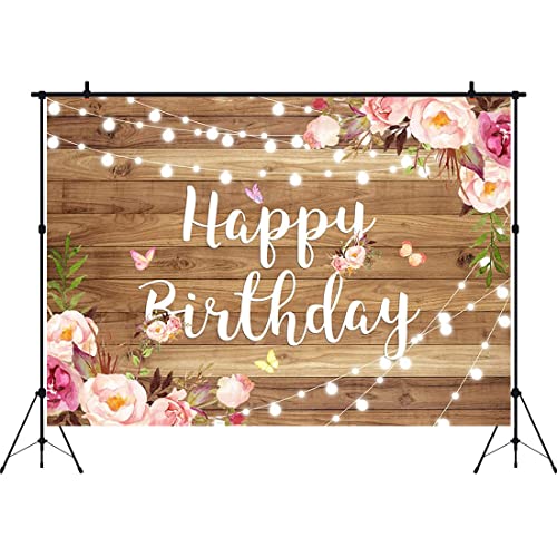 Aperturee 9x6ft Pink Floral Happy Birthday Backdrop Butterfly Wooden Floor Watercolor Flowers Girls Women Photography Background Banner Cake Table Supplies Party Decoration Photo Booth Props Banner