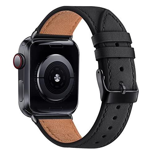 POWER PRIMACY Bands Compatible with Apple Watch Band 45mm 44mm 42mm, Top Genuine Leather Replacement Smart Watch Strap for iwatch Series 7 6 5 4 3 2 1 SE for Men Women (Black/Black, 42mm 44mm 45mm)
