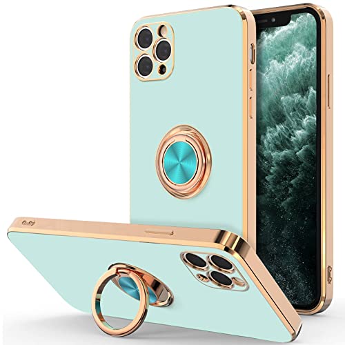 Hython Case for iPhone 11 Pro Max Case with Ring Stand, Plating Rose Gold Edge 360° Rotatable Ring Holder Magnetic Kickstand Cover, Slim Soft TPU Electroplate Luxury Protective Phone Case, Mint