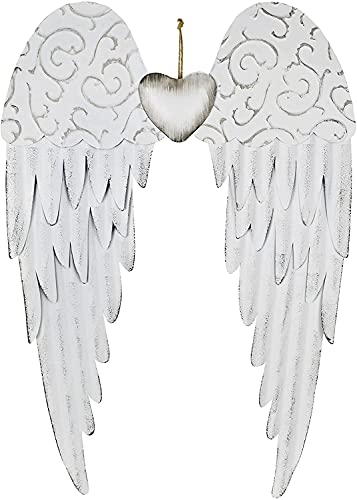 Hanging Metal Angel Wings with Heart Wall Art Decor, Rustic Metal Angel Wall Sculptures Antique Angel Heart Wall Decoration – (23 Inches Tall)