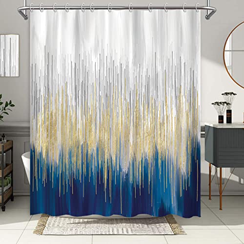 Ouyisha Blue Gold Shower Curtain for Bathroom Navy Gray Striped Ombre Modern Shower Curtain Abstract Oil Painting Fabric Shower Curtain Decor Waterproof with Hooks, 72″ X 72″