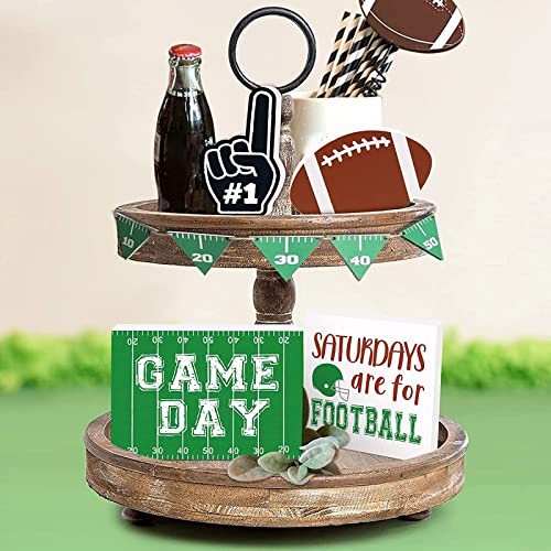 REFFG Football Farmhouse Tiered Tray Decor Two Tiered Tray Cute 4 Wood Signs, Wooden Rustic Modern Ornaments Decorations for