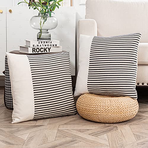Vfuty Set of 2 Black and Beige Farmhouse Patchwork Stripe Linen Throw Pillow Covers 18×18, Modern Accent Pillow Cases for Couch Sofa Chair Bedroom Decorative Cushion Cover, Black