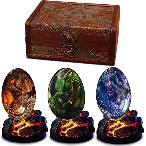 4PC New Lava Dragon Egg with Luminous Base Ornaments, Crystal Transparent Resin Dragon Egg,Handmade Sculpture Fire Pocket Dragon Souvenir with Vintage Box
