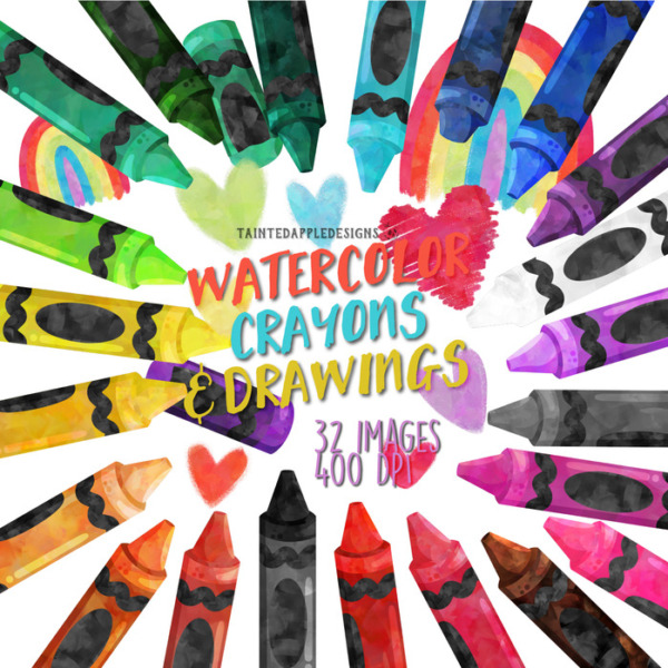 3D Watercolor Crayons with Bonus Hearts and Rainbow School Supplies Clipart