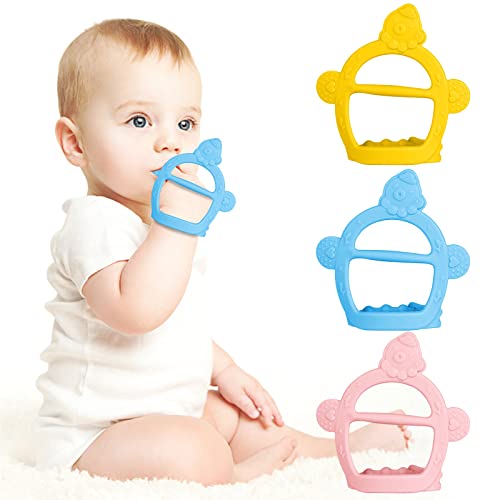 Fu Store 3 Pack Silicone Baby Wrist Teether Anti-Dropping Teething Toy for 3+ Months Infants, Octopus Shape Babies Chew Toys Pink Blue Yellow