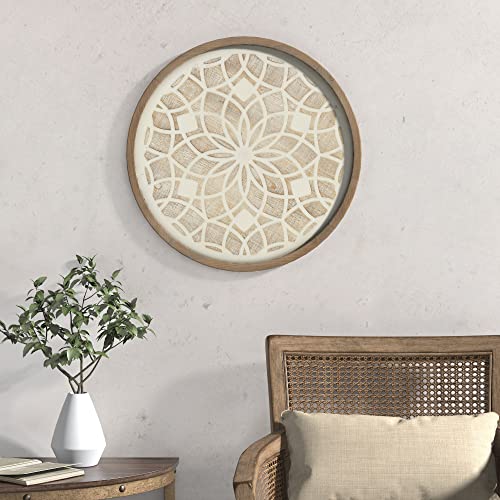 Madison Park Wall Art Living Room Décor – Leah Wood Medallion Boho Round Design, Home Accent Modern Kitchen Dining Decoration, Ready to Hang Panel for Bedroom, 27″ W x 27″ H , Natural/White