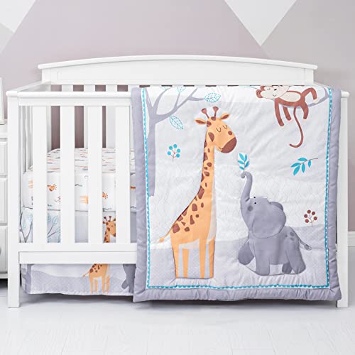 The Hōmistry Jungle Friends Crib Bedding Set for Boys or Girls | 3-Piece – Crib Quilt, Fitted Sheet, Crib Skirt