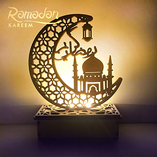 Wooden Eid Crafts Night Light Islamic Palace LED Moon Tabletop Lights Decor Eid Mubarak DIY Muslim Lighting 3D Ramadan Mubarak Lamp Decorations for Home Party Supplies (7.48*5.9*2.36inch, H)
