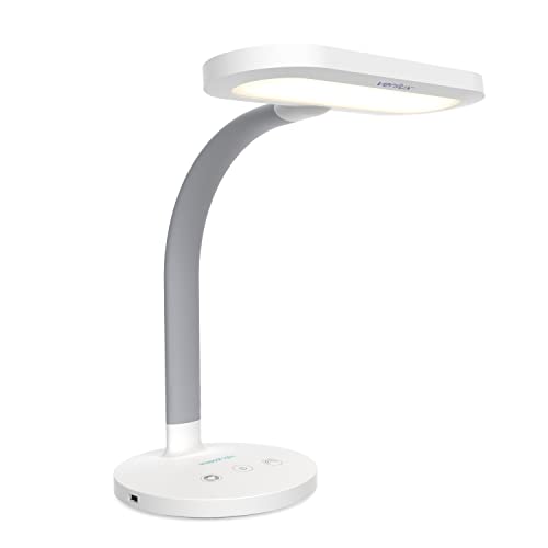 Verilux HappyLight Duo – 2-in-1 Light Therapy & Task Desk Lamp – UV-Free Full Spectrum LED, 10,000 LUX, Adjustable Brightness and Color, Flexible Gooseneck, and Integrated USB Charging Port