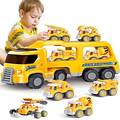 BASPOJO Construction Truck Toys for 3 4 5 6 Year Old Boys, 5-in-1 Friction Power Toy for Kids 3-5, Carrier Truck Cars for Toddlers 1-3, Kids Toys Set for Age 3-9, for 3+