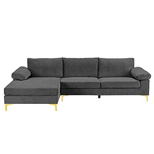 Casa Andrea Milano Modern Large Velvet Fabric Sectional Sofa Couch with Extra Wide Chaise Lounge with Golden Legs, L Shaped, Ash