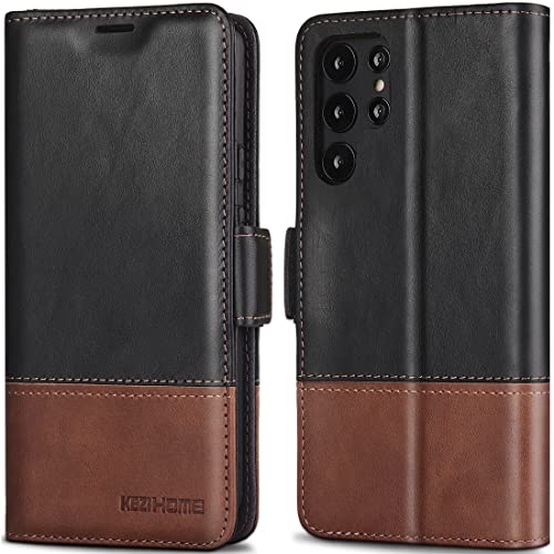KEZiHOME Galaxy S22 Ultra Case, Genuine Leather [RFID Blocking] Samsung S22 Ultra 5G Wallet Case Card Slot Flip Magnetic Stand Phone Cover Compatible with Samsung Galaxy S22 Ultra (2022) (Black/Brown)