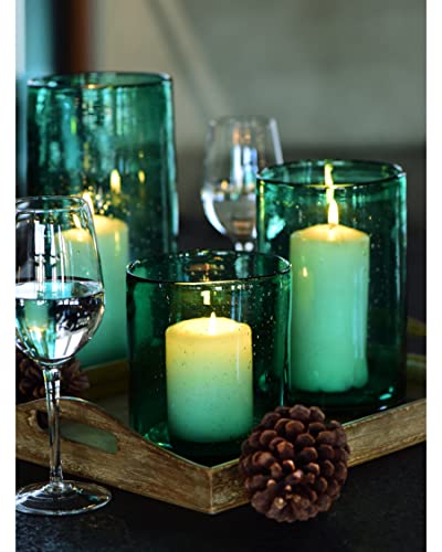 ARIAMOTION Hurricane Candle Holders for Pillar Candle Glass Cylinder Vases Table Centerpiece Hand Blown Green Glass Seeded Bubbles 11″ 8″ 6″ Inch Height Set of 3