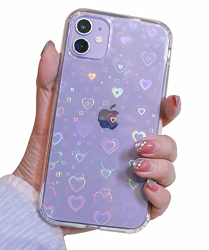 Xiaobe Holographic Heart Phone Case for iPhone 11 6.1 Inch, for Girls Women Cute Luxury Glitter Clear Love Heart Protective Phone Cover with Built-in Screen Bumper Designs