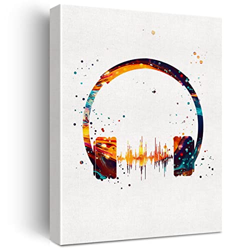 Watercolor Headphone Canvas Wall Art Music Earphones Canvas Print Painting Musical Music Studio Wall Decor Framed DJ Gift 12×15 Inch