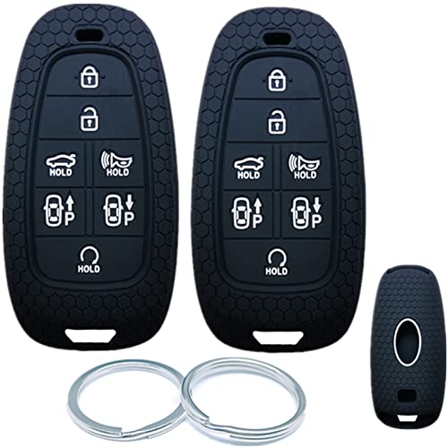 RUNZUIE 2Pcs 7 Buttons Silicone Compatible with 2022 2021 2020 Hyundai Sonata Tucson Sonata Fe Nexo Key Fob Cover TQ8-F08-4F28 (Black and Black)