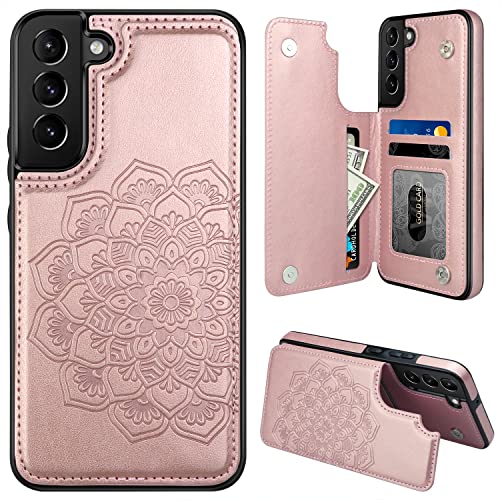 MMHUO for Samsung Galaxy S22 Case with Card Holder,Flower Magnetic Back Flip Case for Samsung Galaxy S22 Wallet Case for Women,Protective Case Phone Case for Samsung Galaxy S22 5G (2022),Rose Gold
