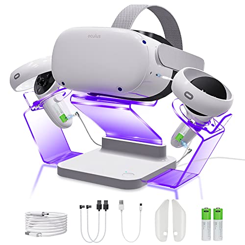 Joso Charging Dock with LED Light for Oculus Quest 2, Charging Station with 2 Rechargeable Batteries for Meta Oculus Quest 2 Accessories, Fit Elite Strap, VR Quest Holder Stand & Controller Mount