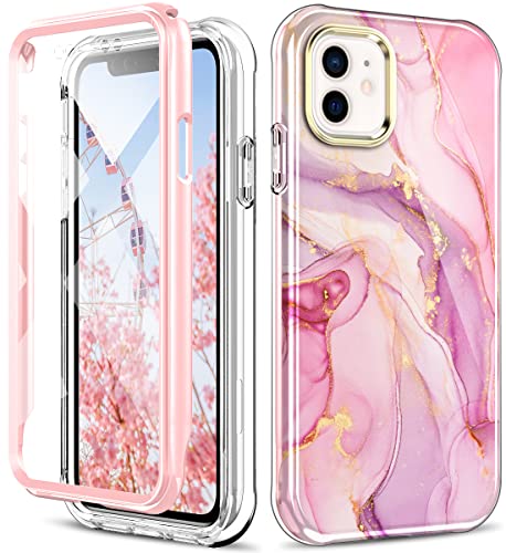 Hocase for iPhone 11 Case, (with Screen Protector) Shockproof Slim Lightweight Soft TPU+Hard PC Full Body Protective Case for iPhone 11 (6.1″ Display) 2019 – Pink Marble