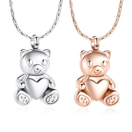 constantlife Cremation Jewelry Ashes Necklace Stainless Steel Teddy Bear Hold Heart Pet Urn Memorial Pendant Funeral Keepsake (2Pcs-Silver+Rose Gold)