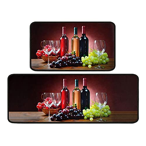 2 Piece Wine Kitchen Rug Set, 3D Wine Glasses Kitchen Rugs and Mats Non Skid Washable Absorbent Microfiber Kitchen Floor Decor Mat 17″x 47″+17″x 30″