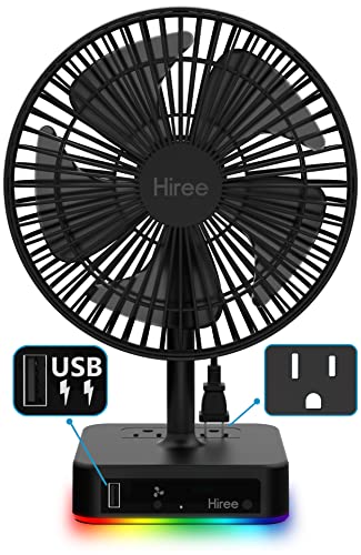 Hiree Desk Fan with USB Charging Port, 2 Speeds 6.7 Inch Small Desktop Table Fan with 2 AC Outlets and LED Lights, Strong Wind, Quiet Operation – Personal Fan for Home, Dorm Room, Office