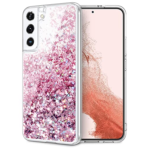 Caka Case for Galaxy S22, Samsung Galaxy S22 Glitter Case Bling Sparkle for Women Girls Girly Liquid Floating Pink Quicksand Case Cover for Samsung Galaxy S22 6.1 inches (Clear Rose Gold)