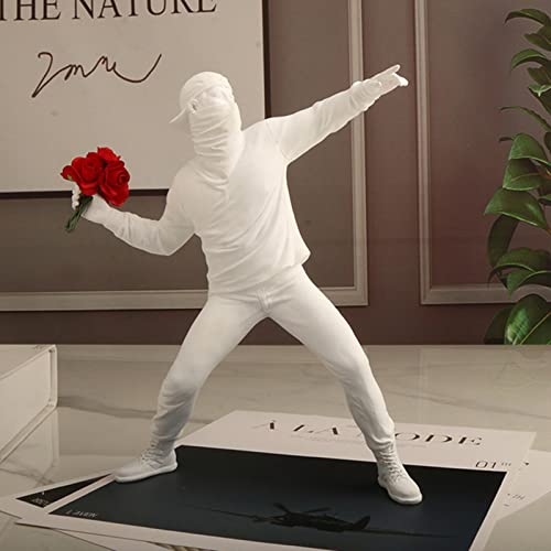 Loaderus Banksy Flower Throwing Statue Resin Small Ornament Art Gift Accessories Figurine Collectible Living Room Bedroom Office Home Decoration Gift for Boyfriend Husband (White)
