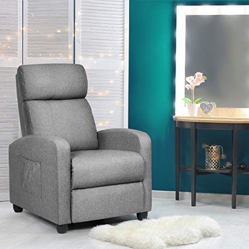 POWERSTONE Recliner Chair Fabric Recliner with Massage Function Small Reclining Chair Single Sofa Chair Home Theater with Thicker Cushion Wing Back Reading Chair for Living Room Office Gray