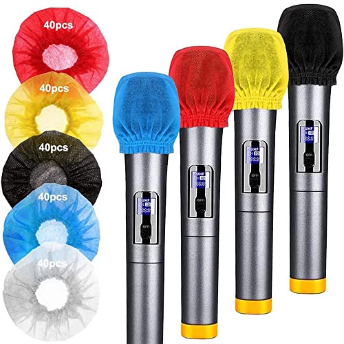 Disposable Microphone Cover 200 PCS Mic Covers Disposable Non-Woven, Microphone Cover with Elastic Band, Perfect Protective Cap for Most Handheld Microphone (Five Colors)