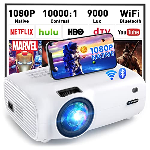 WiFi Bluetooth Projector, VILINICE 9000L HD Native 1080P Projector, Movie Projector Support iOS/Android Sync Screen&Zoom, Portable Outdoor Projector Compatible with TV Stick/ HDMI/AV/VGA/USB/TF