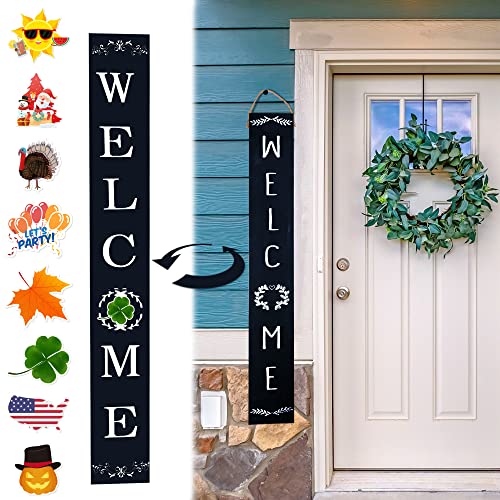 REVEFOL Welcome Sign for Front Door, with 8 Interchangeable Icons Welcome Sign for Porch Standing, Tall Wooden Vertical Outdoor Indoor Welcome Home Decor Sign, Farmhouse Wall Door Decorations Black