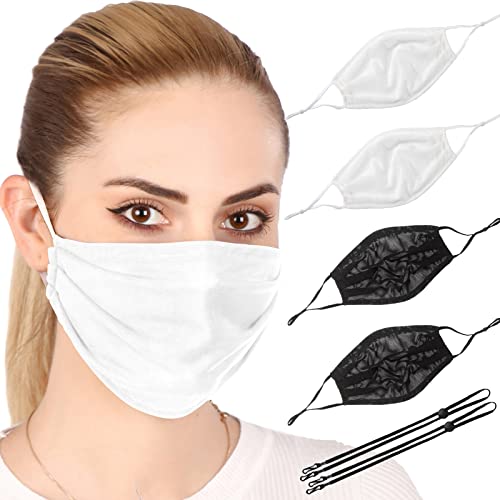 Wild & Bold 4Pcs Breathable Mesh Face Mask for Men Women and Youth with neck strap Resuable Washable Comfortable Party Mask Outdoor Sport Cloth Face Mask with Adjustable Earloop(White and Black)
