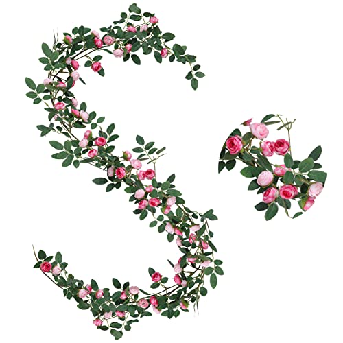 Whaline 54Pcs Rose Flower Garland Double Pink Fake Rose Vine Garland with Green Leaves 5.7ft Artificial Hanging Floral Garland Realistic Flowers String for Home Wedding Party Garden Craft Wall Decor