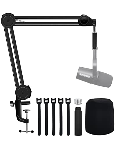 Boseen Microphone Boom Arm Stand with Pop Filter for Shure MV7, Heavy Duty Adjustable Suspension Boom Scissor Mic Stand with Mic Foam Windscreen and Extension Tube Compatible with MV7 Microphone