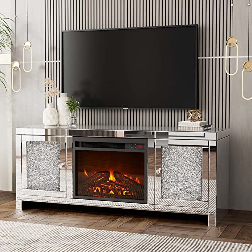 IKIFLY Mirrored Fireplace TV Stand, Mirrored Media Entertainment Center for TV up to 55 inch, Silver TV Console Table Mirrored Furniture for Living Room