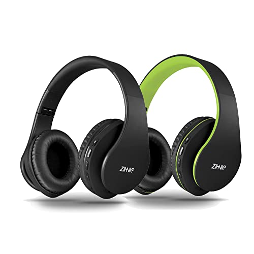 2 Items,1 Black Zihnic Over-Ear Wireless Headset Bundle with 1 Black Green Zihnic Foldable Wireless Headset