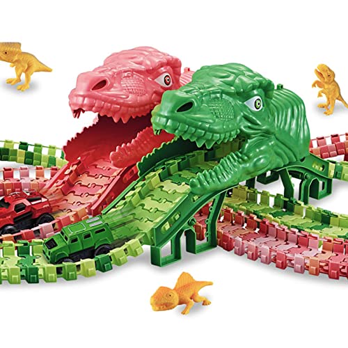 Dinosaur Toys for Kids Green and Pink Double Dinosaur Tracks Race Car Create Flexible Tracks Dinosaue World Playset 284 pcs for Gifts
