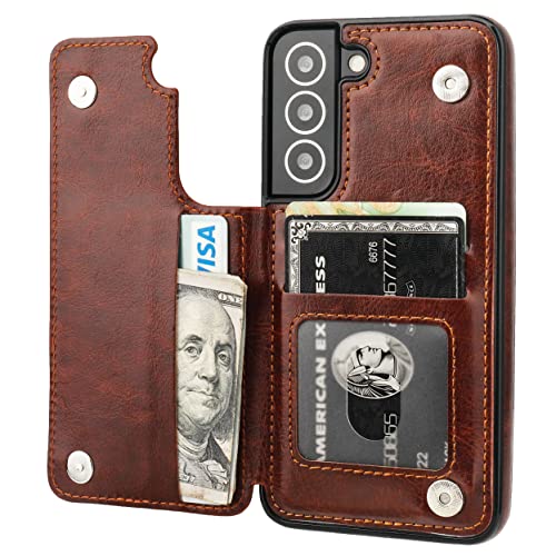 Onetop Compatible with Samsung Galaxy S22 Wallet Case with Card Holder, PU Leather Kickstand Card Slots Case, Double Magnetic Clasp and Durable Shockproof Cover 5G 6.1 Inch(Brown)