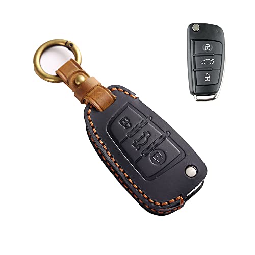 Handmade Leather Key Fob Case Cover for Audi A1 A3 A4 A5 A6 Q2 Q3 Q7 TT S3 R8 (Black)