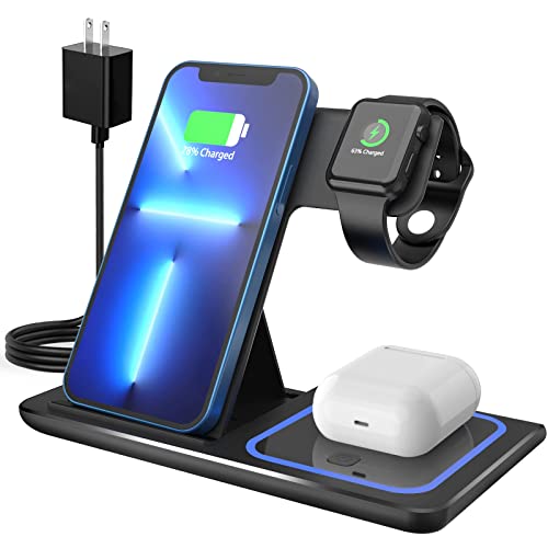 3 in 1 Charging Station for Apple Products, Fast Charging Wireless Charger for iPhone 14/13/12/11/Pro/XS/XR/X/SE/8/8 Plus, Charging Dock for Apple Watch 8/7/6/5/4/3/2/AirPods(with Adapter)