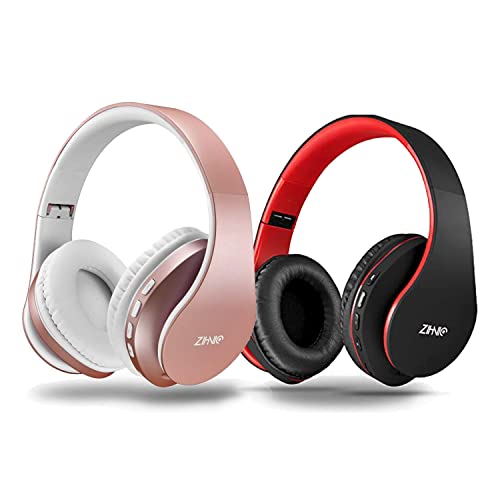 2 Items,1 Rose Gold Zihnic Over-Ear Wireless Headset Bundle with 1 Black Red Zihnic Foldable Wireless Headset