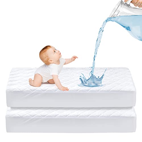 Mooreeke 2 Pack Crib Mattress Protector, Breathable Waterproof Quilted Fitted Mattress Cover, Ultra Soft Baby Mattress Pad 52″ x 28″ – Toddler Mattress Protector Fits Up to 9″, White
