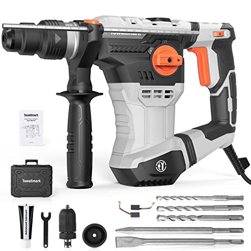 [Upgraded] Rotary Hammer Drill, SDS Plus Hammer Drill 9.5Amp Anti-Vibration, Middleweight, 4 Function in 1 Knob Power Rotary Hammers for Concrete,Tile including Bits and Chisels-Towallmark