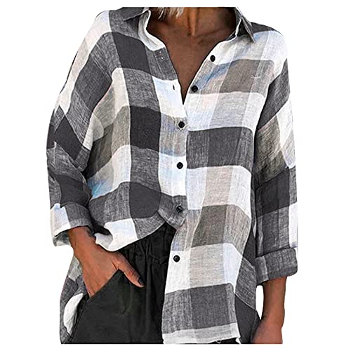 Shirts for Women Buffalo Plaid Shirt Womens Plus Size Cotton Tops for Women Casual Fall Long Sleeve Womens Long Sleeve Button Down Shirts Dressy Holiday Tops for Women Plaid Shirt Men(01-Gray,XXL)
