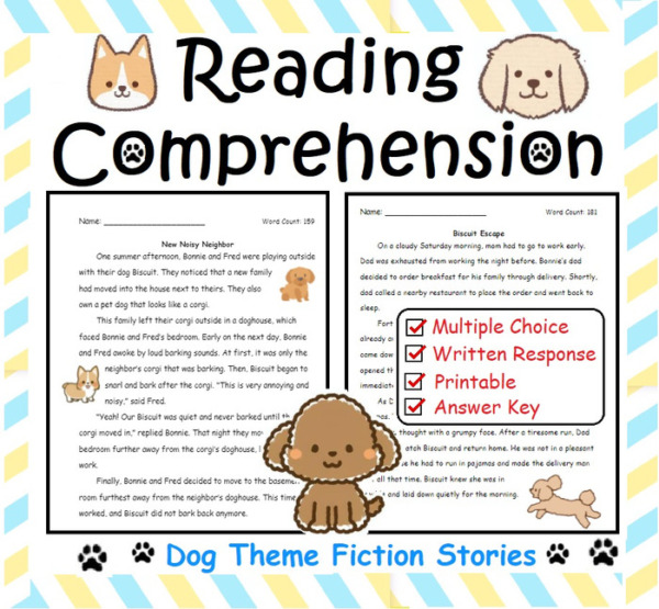 Third Grade Reading Comprehension Worksheet Printable Dog Theme Fiction Stories