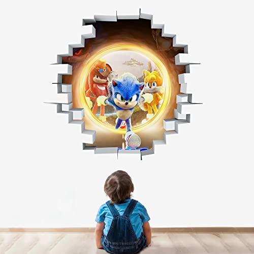 BookMods 2022 Movie Sonic 2 Wall Decals 3D Smashed Custom Hedgehog Kids Game Wall Art Room Wall Decor Boys Bedroom Poster Mural Wallpaper Removable Vinyl Wall Stickers Gift