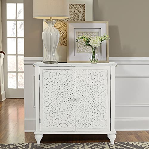 MAISON ARTS White Accent Cabinet with 2 Doors Storage Sideboard Buffet Cabinet for Living Room Kitchen Farmhouse Decorative Distressed Tall Cabinet with Carved Pattern Doors Bedroom, Carved Floral